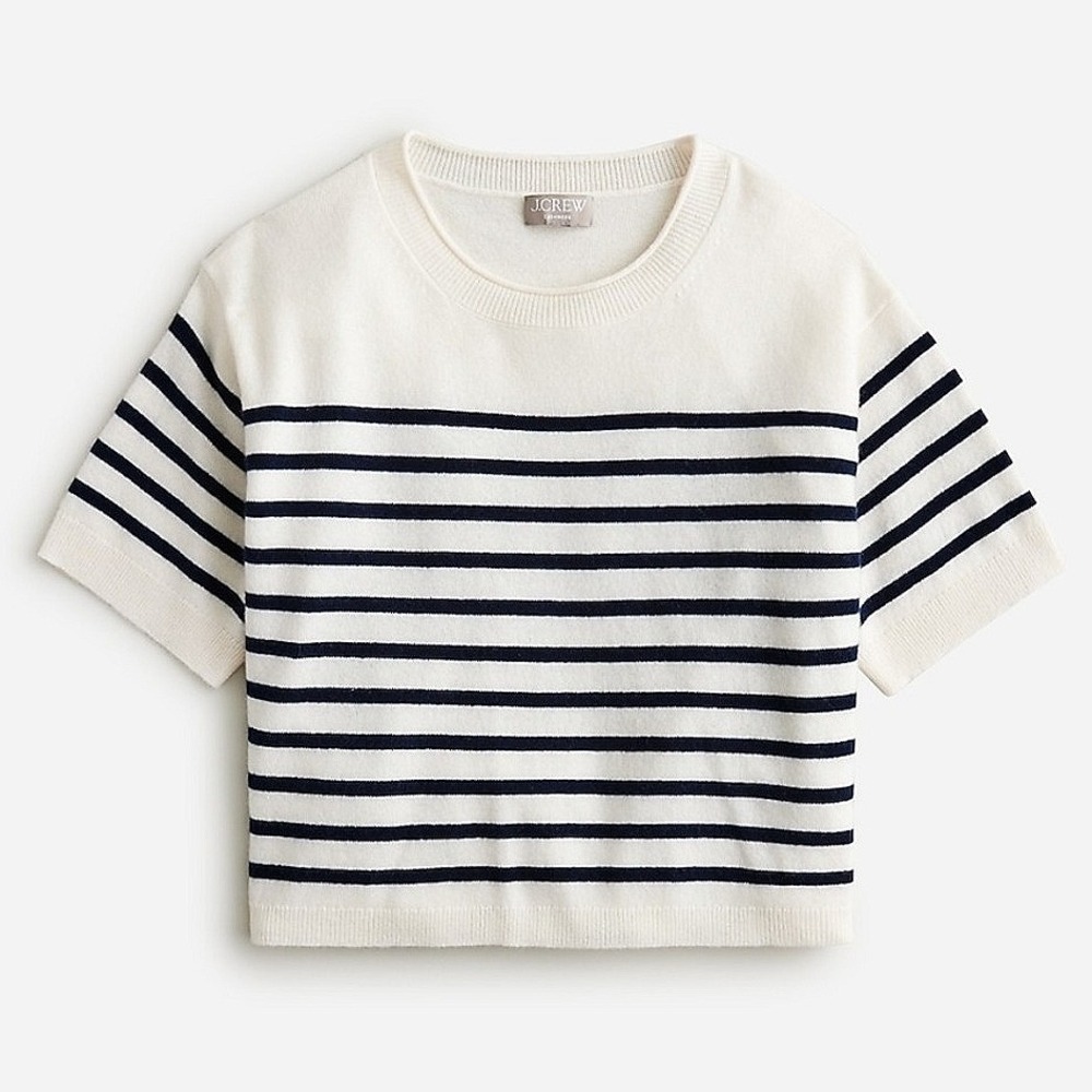 J.Crew Sweater Cashmere Womens S‎ Cream Navy Blue Short Sleeve Crewneck